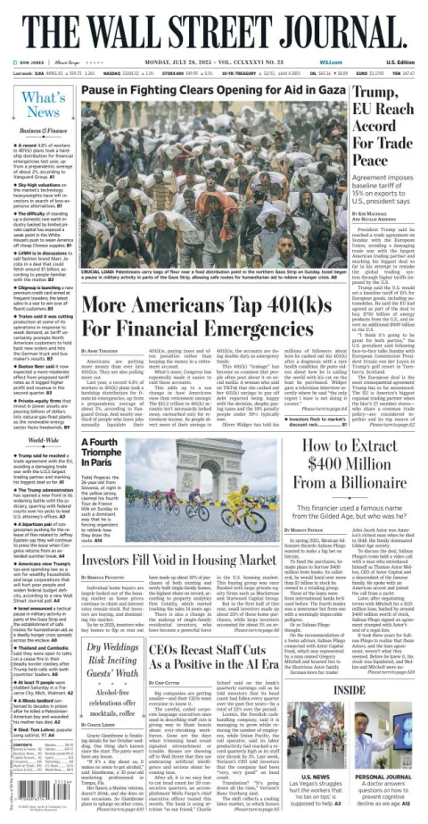 Portada de The Wall Street Journal del lunes, 28 de julio de 2025
