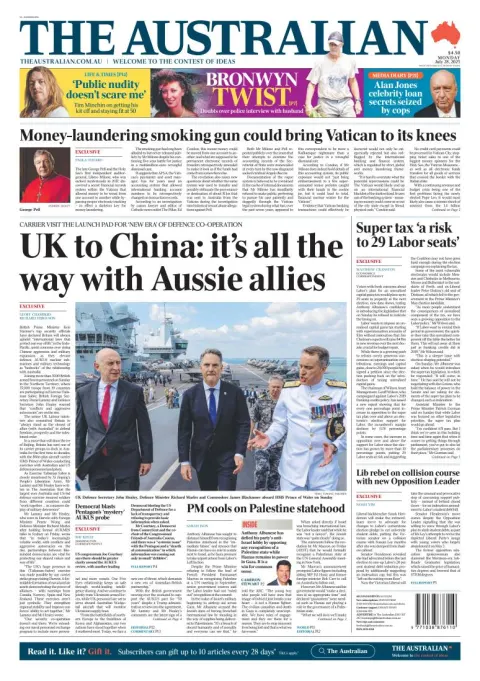 Portada de The Australian del lunes, 28 de julio de 2025