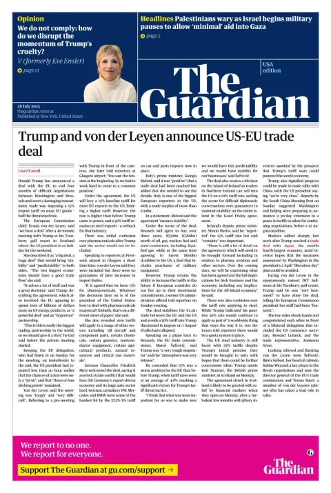 Portada de The Guardian (usa) del lunes, 28 de julio de 2025