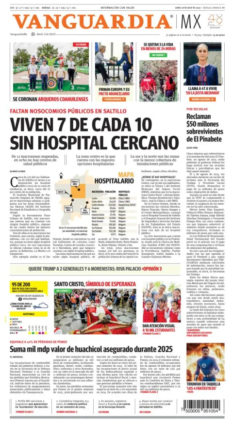 Portada de Vanguardia del lunes, 28 de julio de 2025