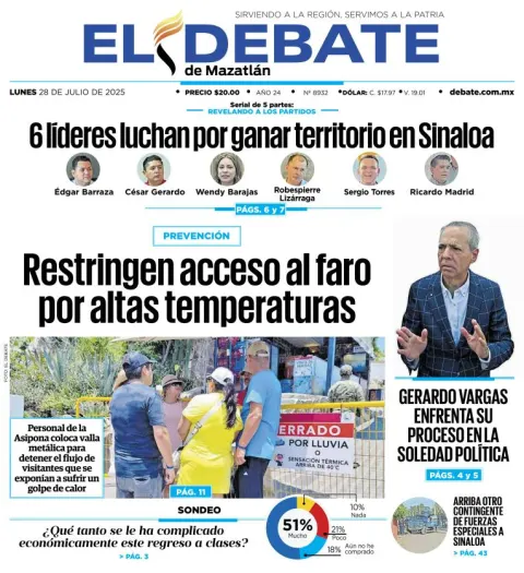 Portada de El Debate de Mazatlan del lunes, 28 de julio de 2025