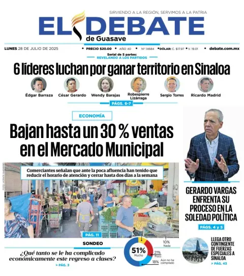 Portada de El Debate de Guasave del lunes, 28 de julio de 2025