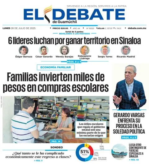 Portada de El Debate de Guamuchil del lunes, 28 de julio de 2025