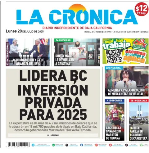 Portada de La Cronica del lunes, 28 de julio de 2025