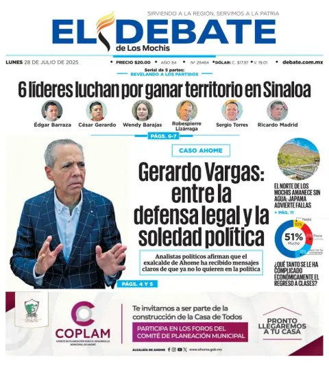 Portada de El Debate de los Mochis del lunes, 28 de julio de 2025