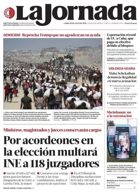 Portada de La Jornada del lunes, 28 de julio de 2025