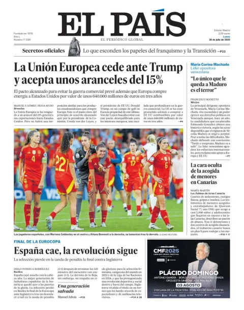 Portada de El Pais del lunes, 28 de julio de 2025