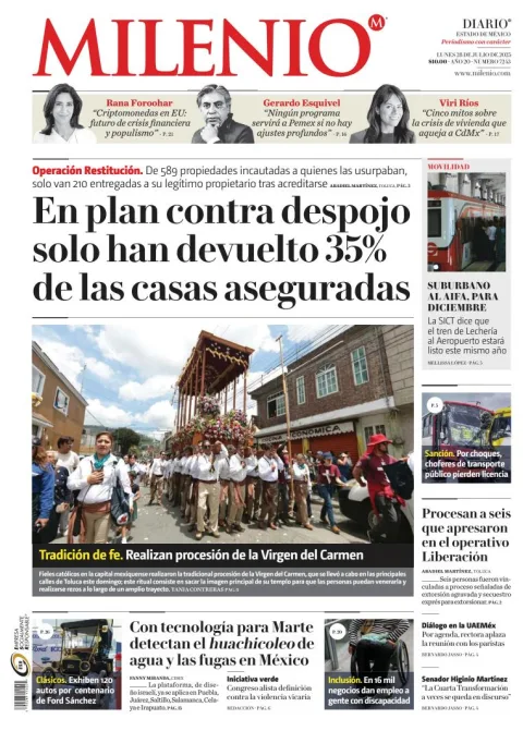 Portada de Milenio Edo de Mexico del lunes, 28 de julio de 2025