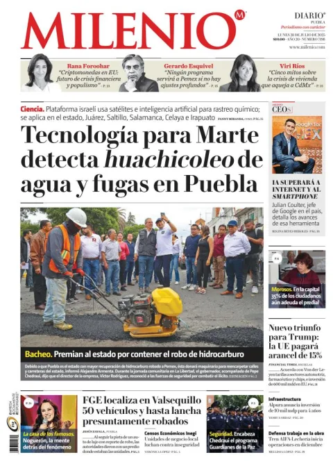 Portada de Milenio Puebla del lunes, 28 de julio de 2025