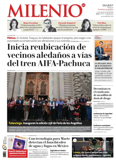 Portada de Milenio Hidalgo del lunes, 28 de julio de 2025