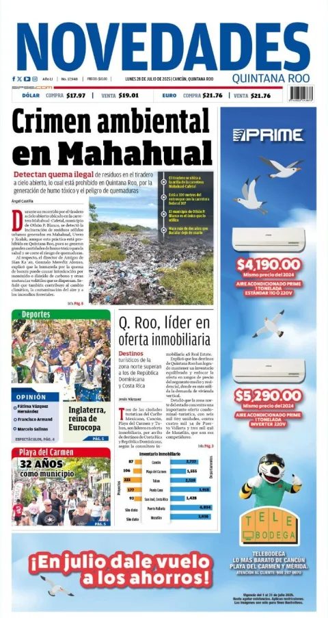 Portada de Novedades Quintana Roo del lunes, 28 de julio de 2025