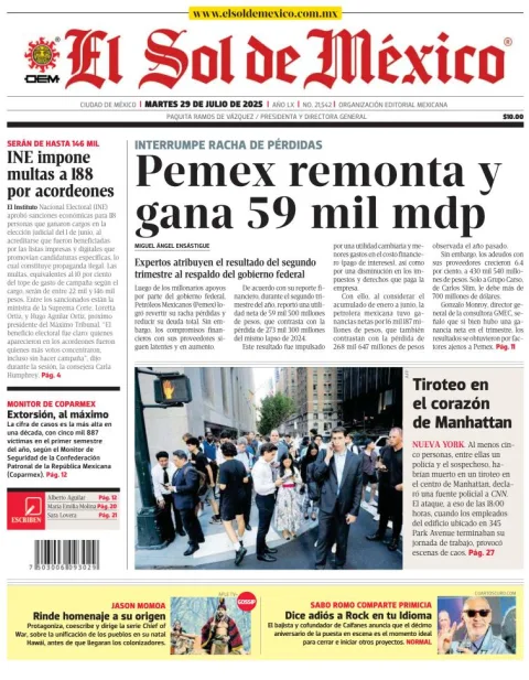 Portada de El Sol de Mexico del martes, 29 de julio de 2025