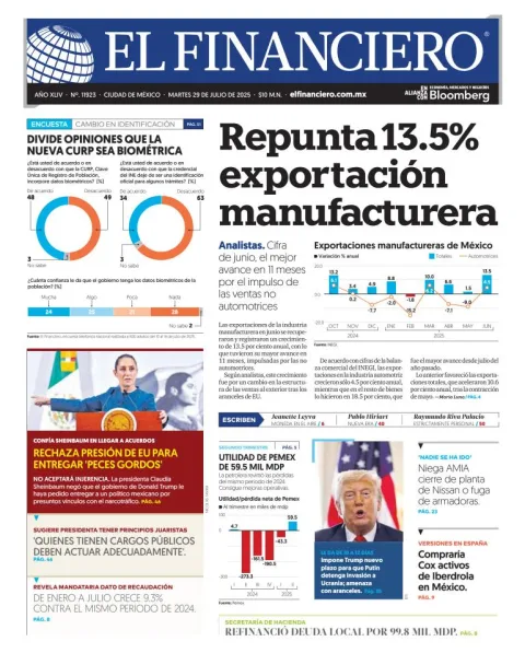Portada de El Financiero del martes, 29 de julio de 2025