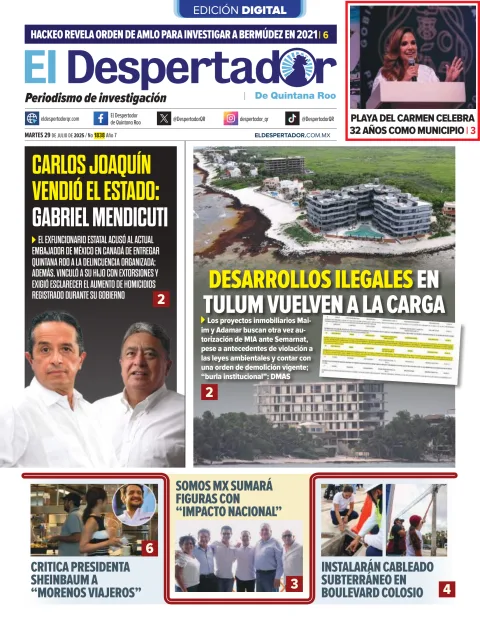Portada de El Despertador de Quintana Roo del martes, 29 de julio de 2025