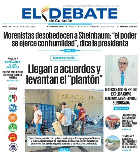 Portada de El Debate de Culiacan del martes, 29 de julio de 2025