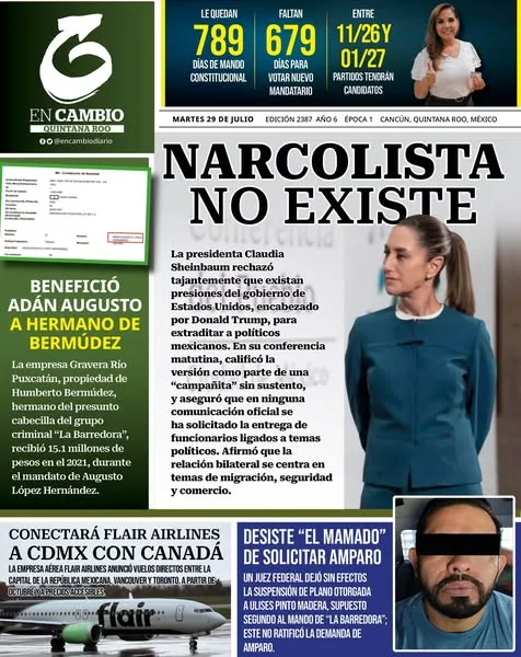 Portada de En Cambio - Quintana Roo (portada) del martes, 29 de julio de 2025