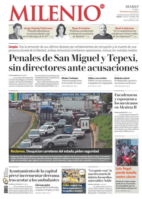 Portada de Milenio Puebla del martes, 29 de julio de 2025