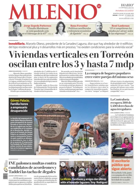 Portada de Milenio Laguna del martes, 29 de julio de 2025