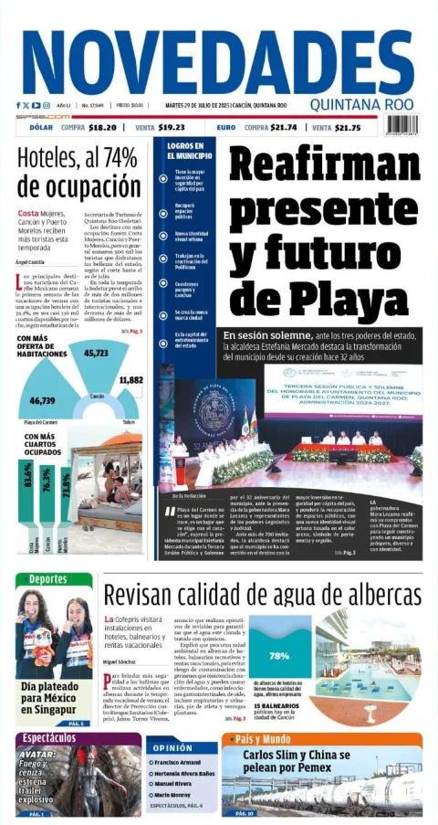 Portada de Novedades Quintana Roo del martes, 29 de julio de 2025