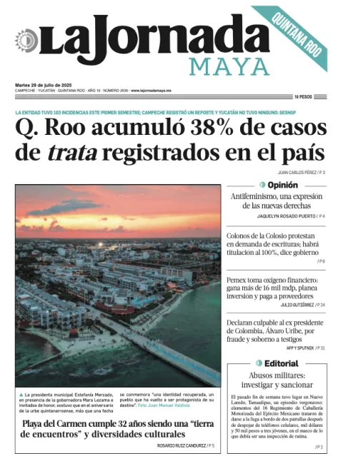 Portada de La Jornada Maya Quintana Roo del martes, 29 de julio de 2025