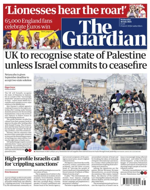 Portada de The Guardian (reino Unido) del miércoles, 30 de julio de 2025