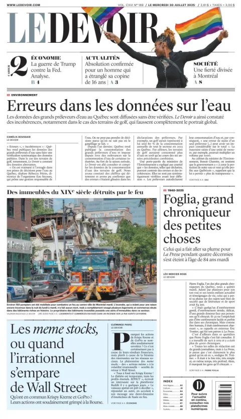 Portada de Le Devoir del miércoles, 30 de julio de 2025