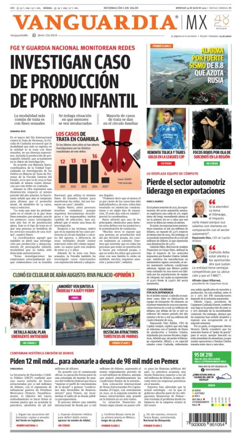 Portada de Vanguardia del miércoles, 30 de julio de 2025