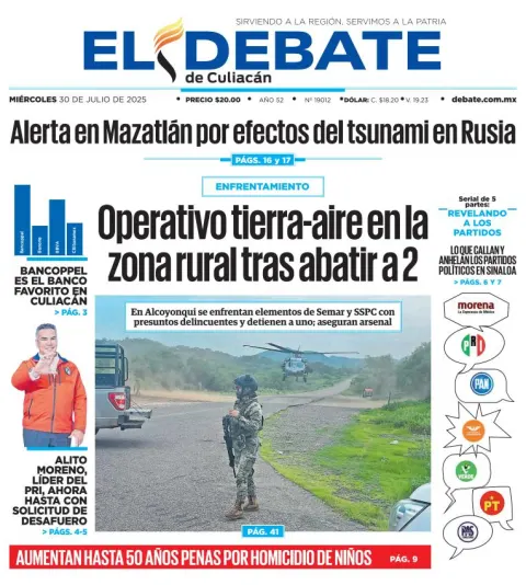 Portada de El Debate de Culiacan del miércoles, 30 de julio de 2025