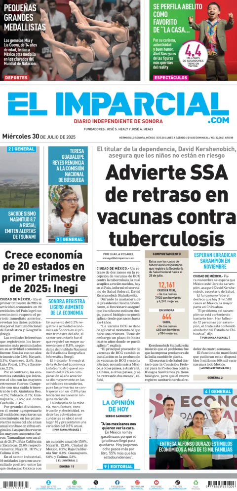 Portada de El Imparcial del miércoles, 30 de julio de 2025