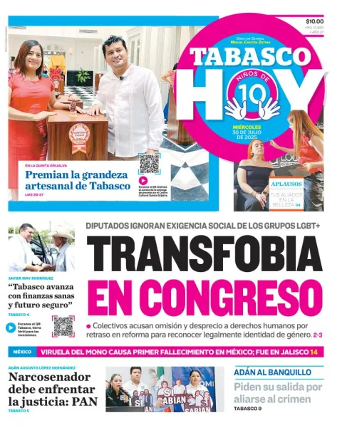 Portada de Tabasco Hoy del miércoles, 30 de julio de 2025
