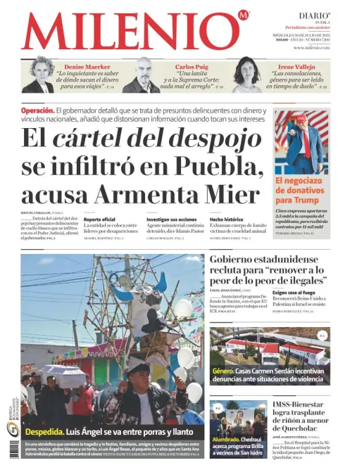 Portada de Milenio Puebla del miércoles, 30 de julio de 2025