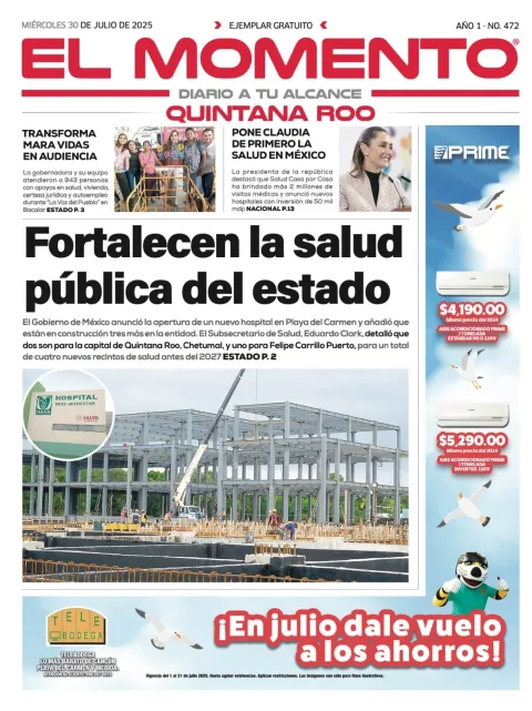 Portada de El Momento Quintana Roo del miércoles, 30 de julio de 2025