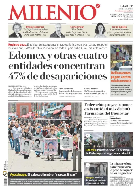 Portada de Milenio Edo de Mexico del miércoles, 30 de julio de 2025