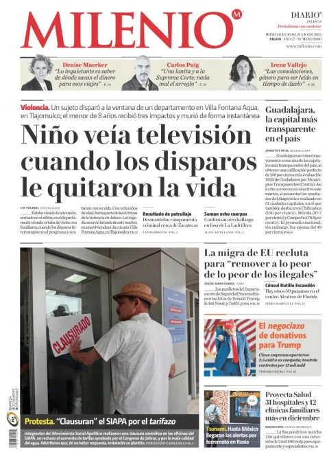 Portada de Milenio Jalisco del miércoles, 30 de julio de 2025