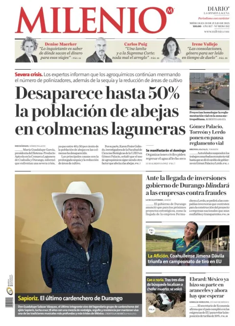 Portada de Milenio Laguna del miércoles, 30 de julio de 2025
