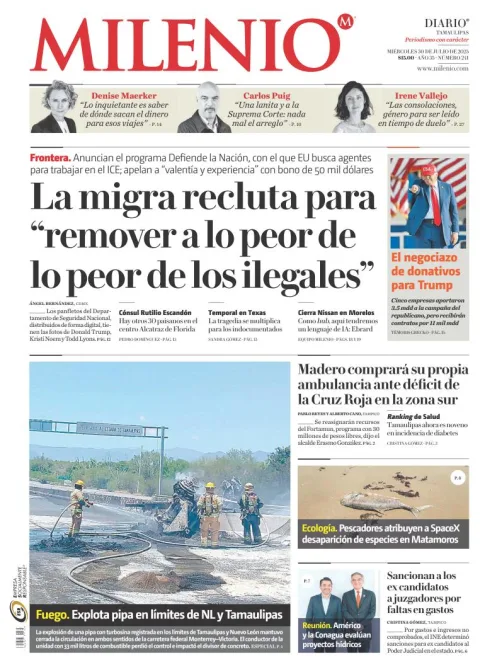 Portada de Milenio Tamaulipas del miércoles, 30 de julio de 2025