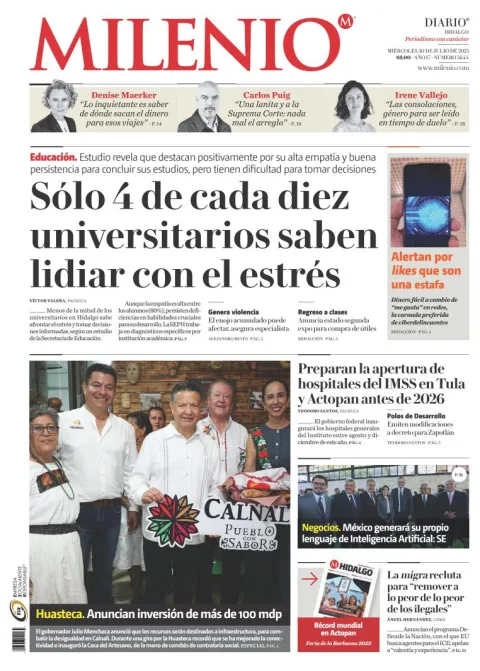 Portada de Milenio Hidalgo del miércoles, 30 de julio de 2025