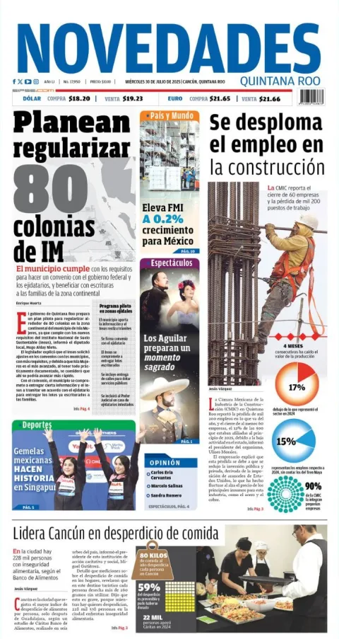 Portada de Novedades Quintana Roo del miércoles, 30 de julio de 2025