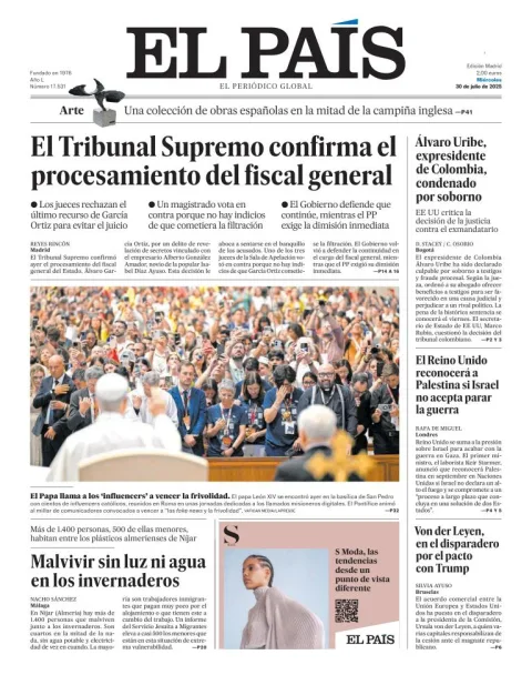 Portada de El Pais del miércoles, 30 de julio de 2025