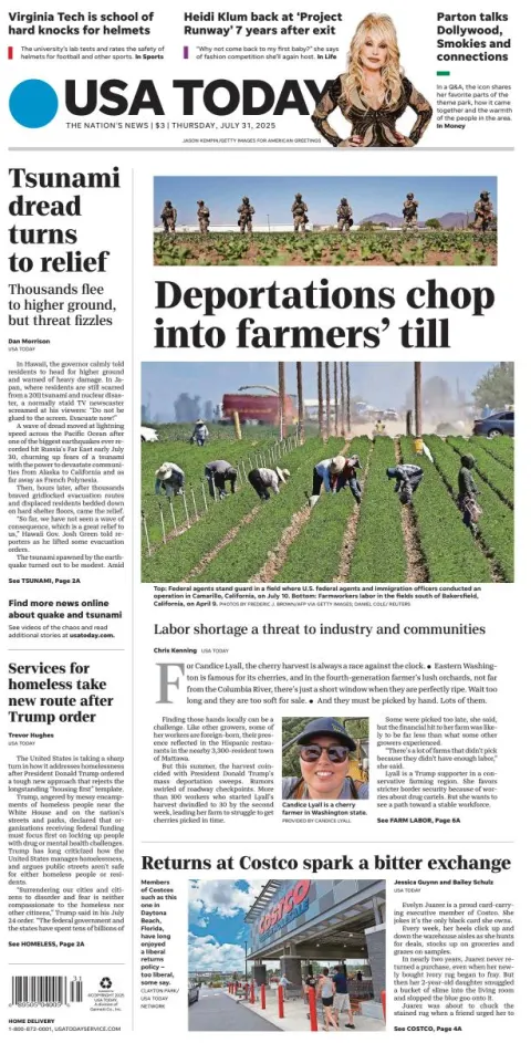Portada de Usa Today del jueves, 31 de julio de 2025