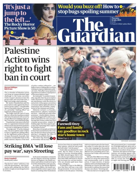 Portada de The Guardian (reino Unido) del jueves, 31 de julio de 2025
