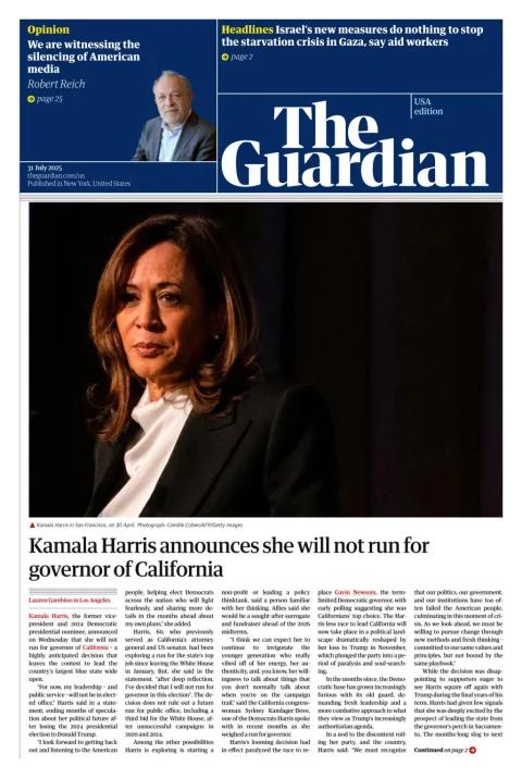 Portada de The Guardian (usa) del 2025-07-31