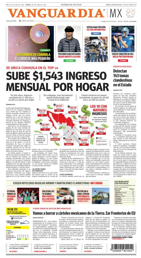 Portada de Vanguardia del jueves, 31 de julio de 2025