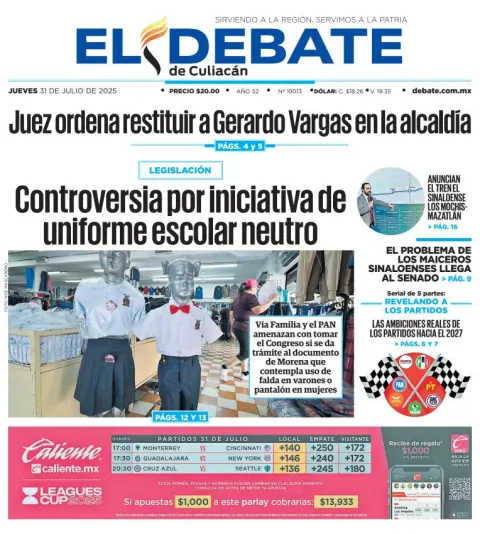 Portada de El Debate de Culiacan del jueves, 31 de julio de 2025