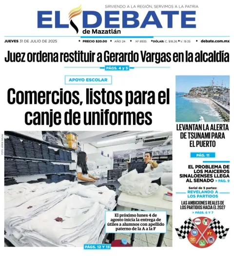Portada de El Debate de Mazatlan del 2025-07-31