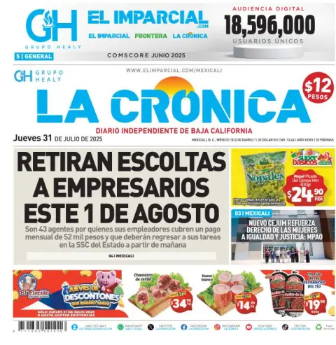 Portada de La Cronica del jueves, 31 de julio de 2025