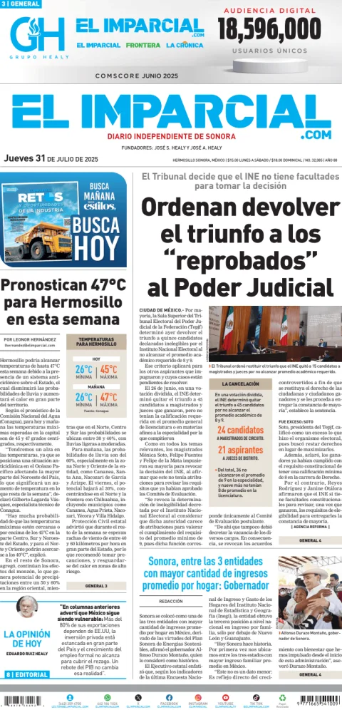 Portada de El Imparcial del jueves, 31 de julio de 2025