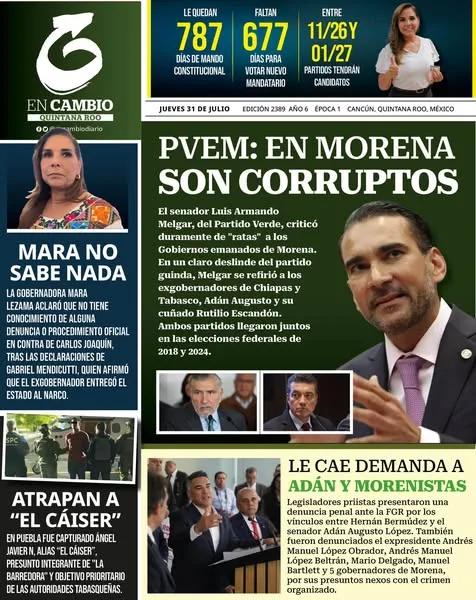 Portada de En Cambio - Quintana Roo (portada) del jueves, 31 de julio de 2025