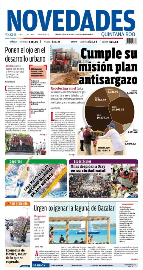 Portada de Novedades Quintana Roo del jueves, 31 de julio de 2025