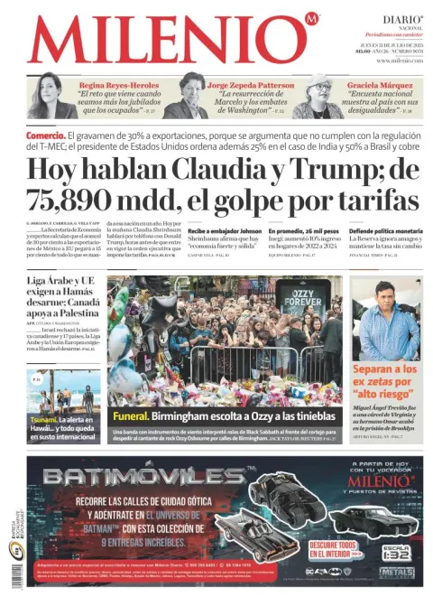 Portada de Milenio del jueves, 31 de julio de 2025